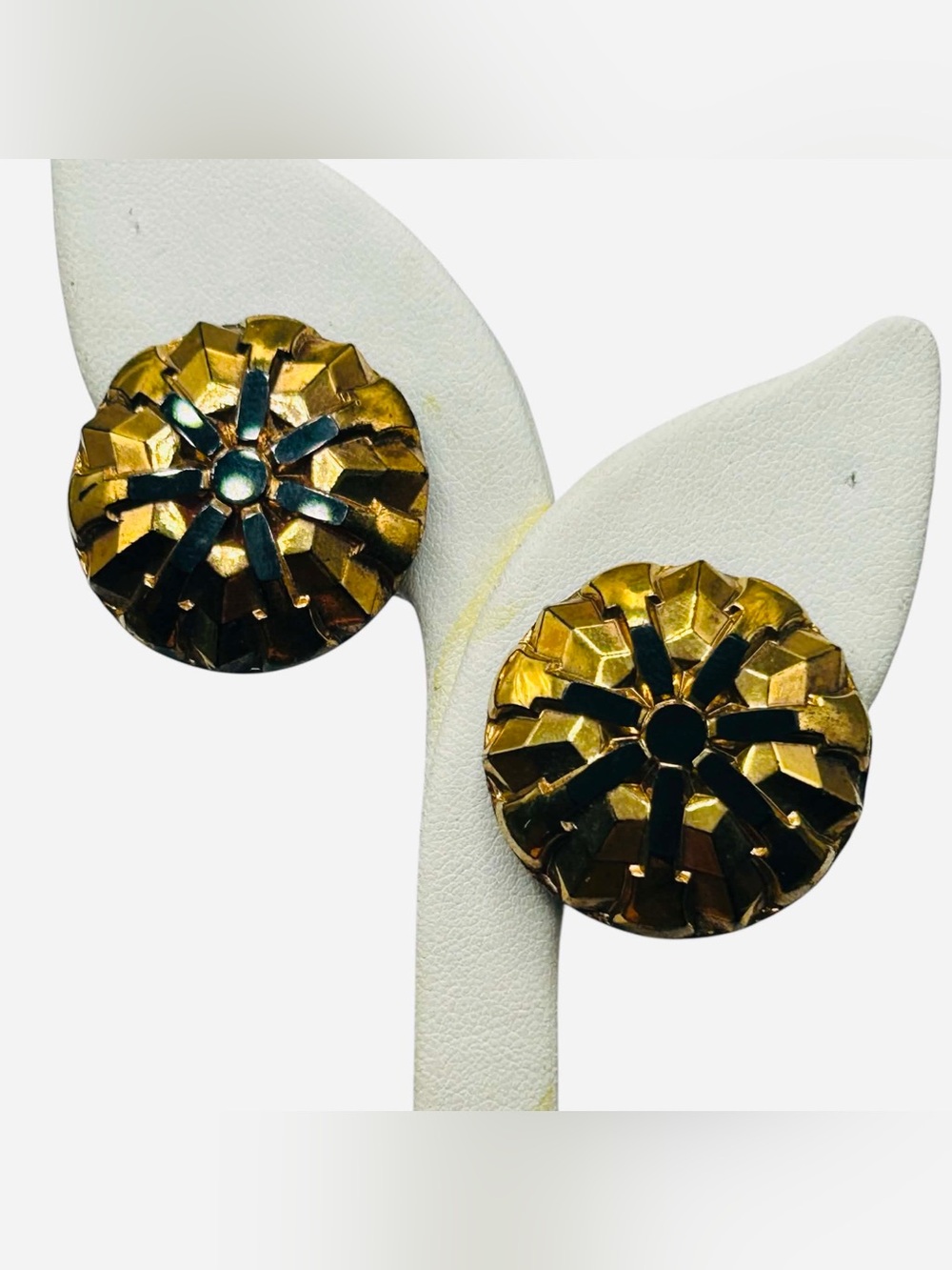 Vintage Bronze Glass Black Starburst Clip Earrings